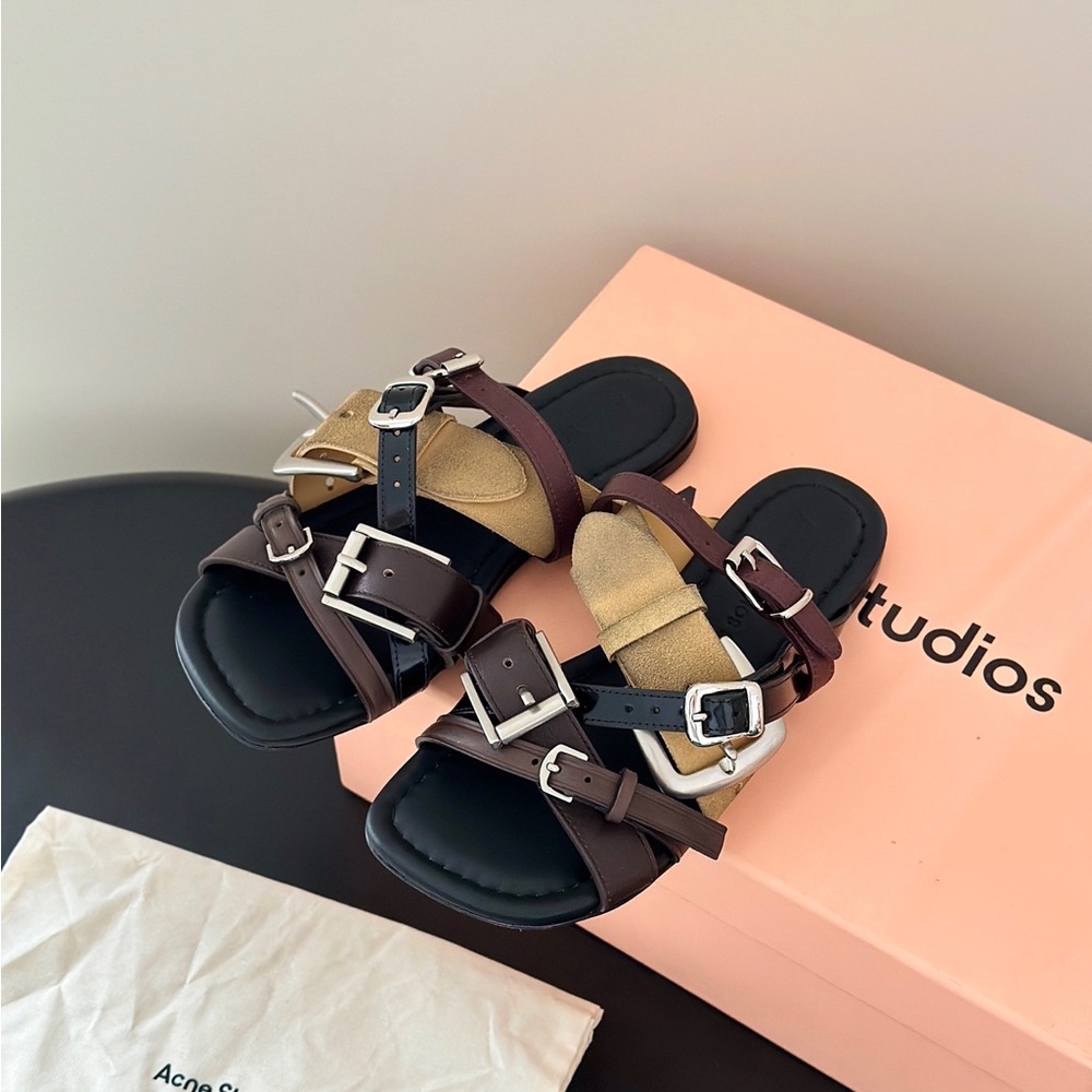 Acne Multi-Color Triple-Buckle Leather & Suede Sandals - Picture 3 of 9